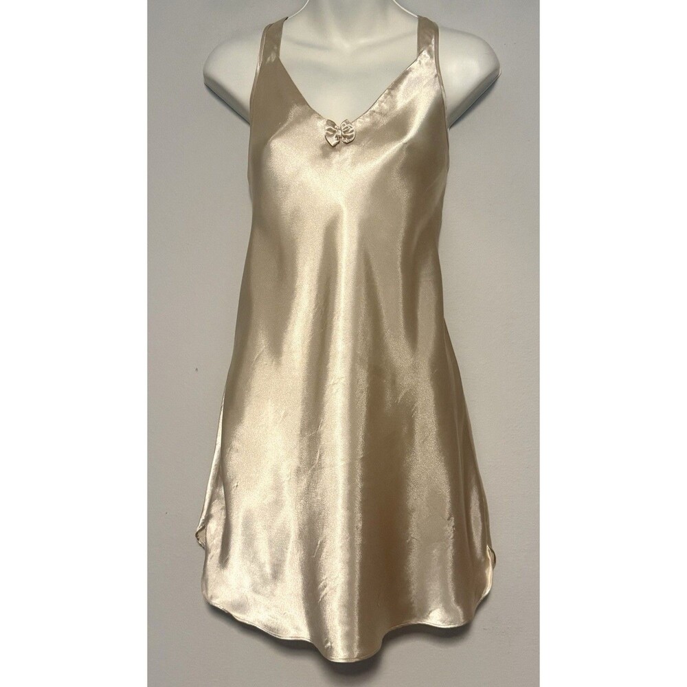 Vtg Morgan Taylor Mini Slip Dress Gown Sz Small Satin Bow Criss Cross Straps Y2K